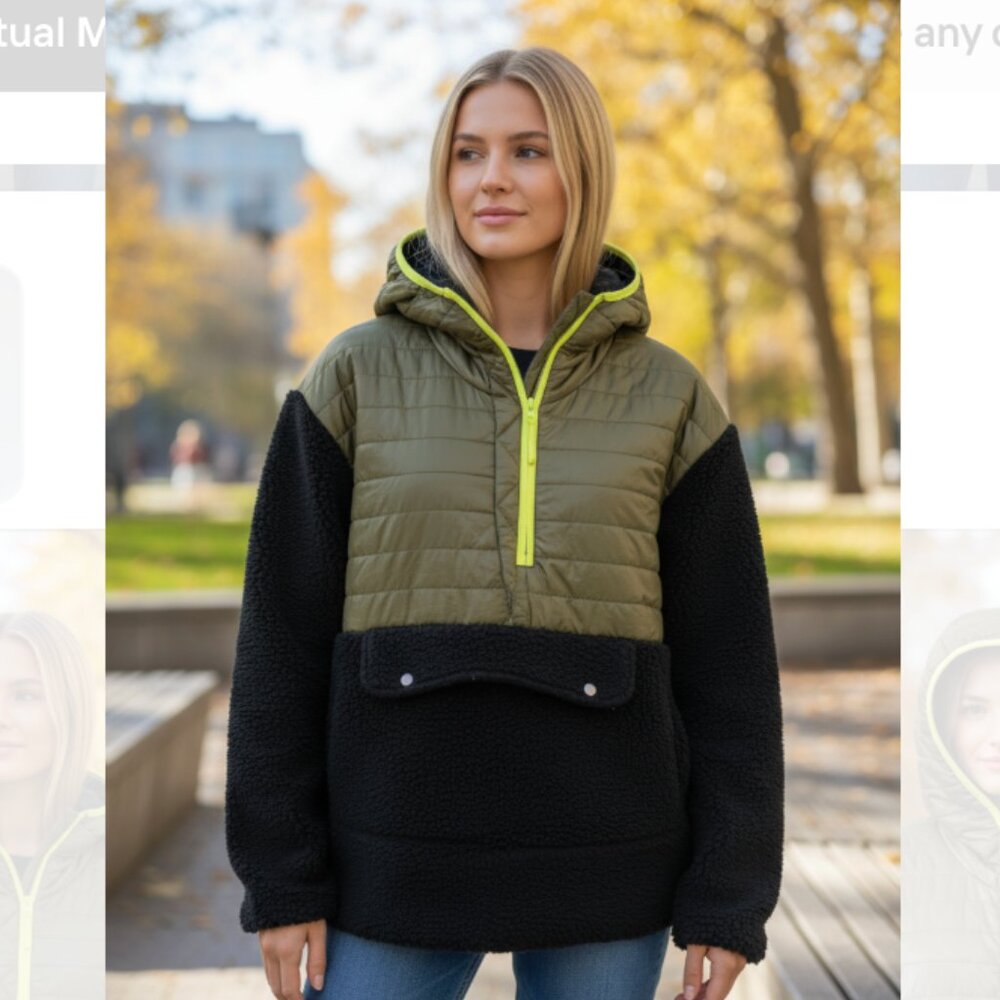 NWOT Dee Elly Green Puffer Black Sherpa Popover Jacket Large Pocket Zipper